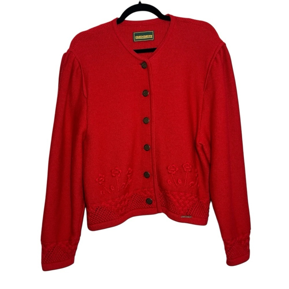 Vintage Geiger Sweater Womens Size 42 Floral Red Button Front Pure Virgin Wool